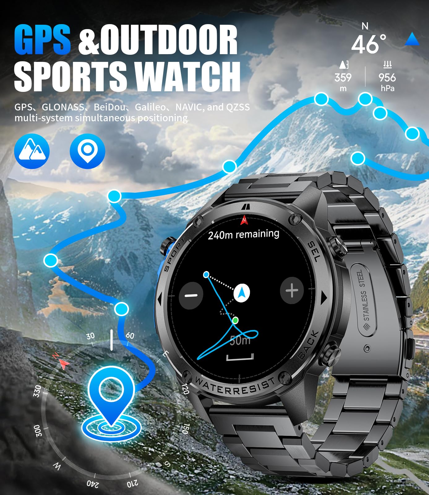 Gps Smart Watch For Men(Answer/Make Call),6 Satellite Positioning/Compass,50M Waterproof,600Mah Extra-Large Battery,1.43 '' Amol
